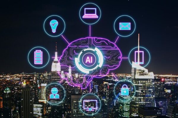 creative night city background with ai brain interface artificial intelligence machine learning concept double exposure 670147 72331